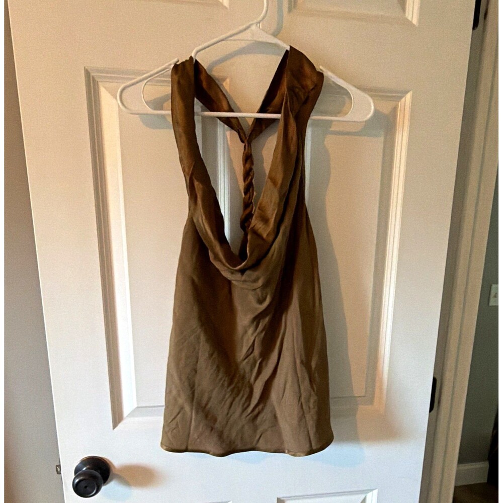 NWT Anthro Self Contrast Bronze Brown Satin Braided Halter Tank Top Womens Med